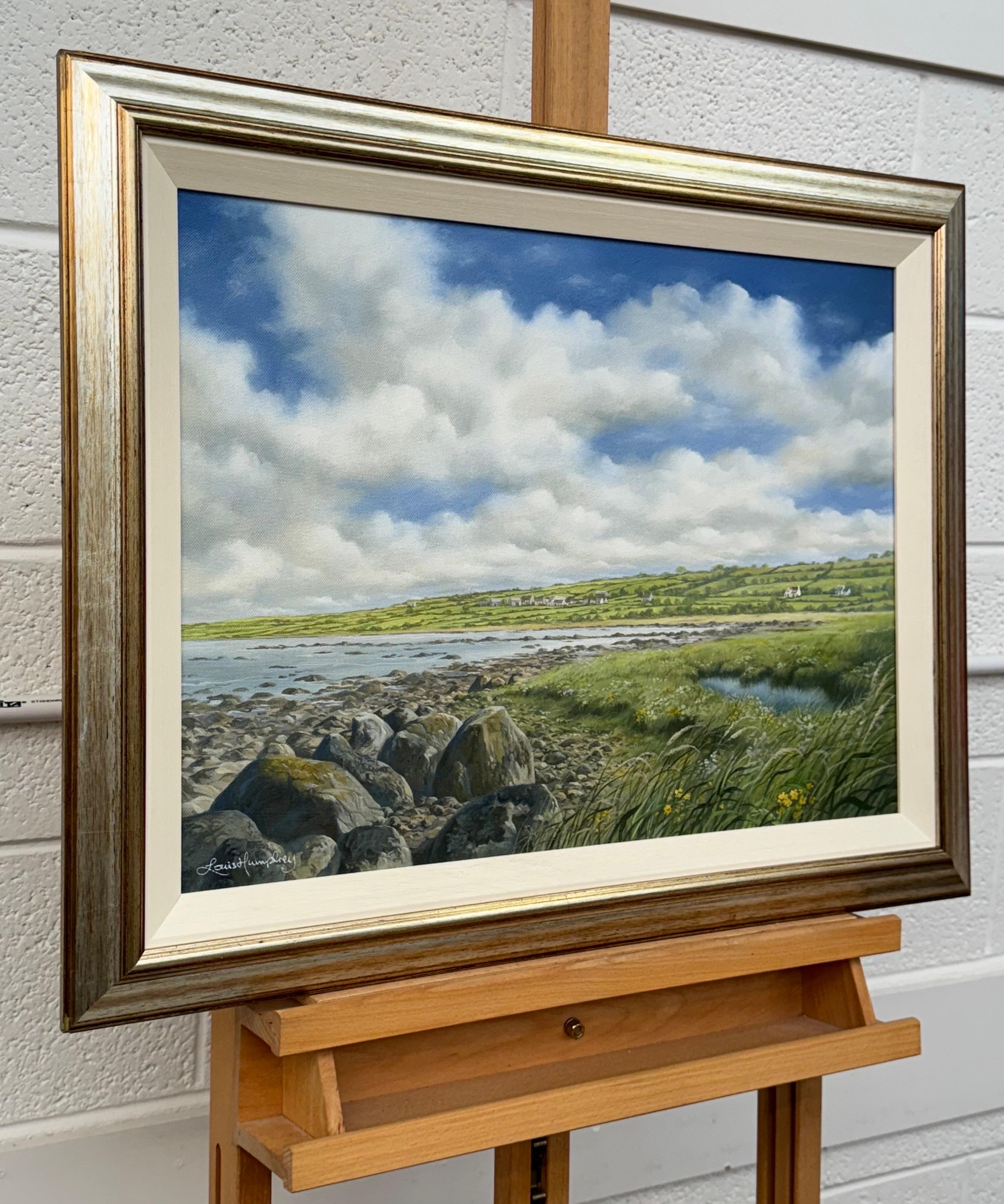 Tranquila escena costera irlandesa con campos verdes, costa rocosa y cielo extenso - Painting de Louis Humphrey