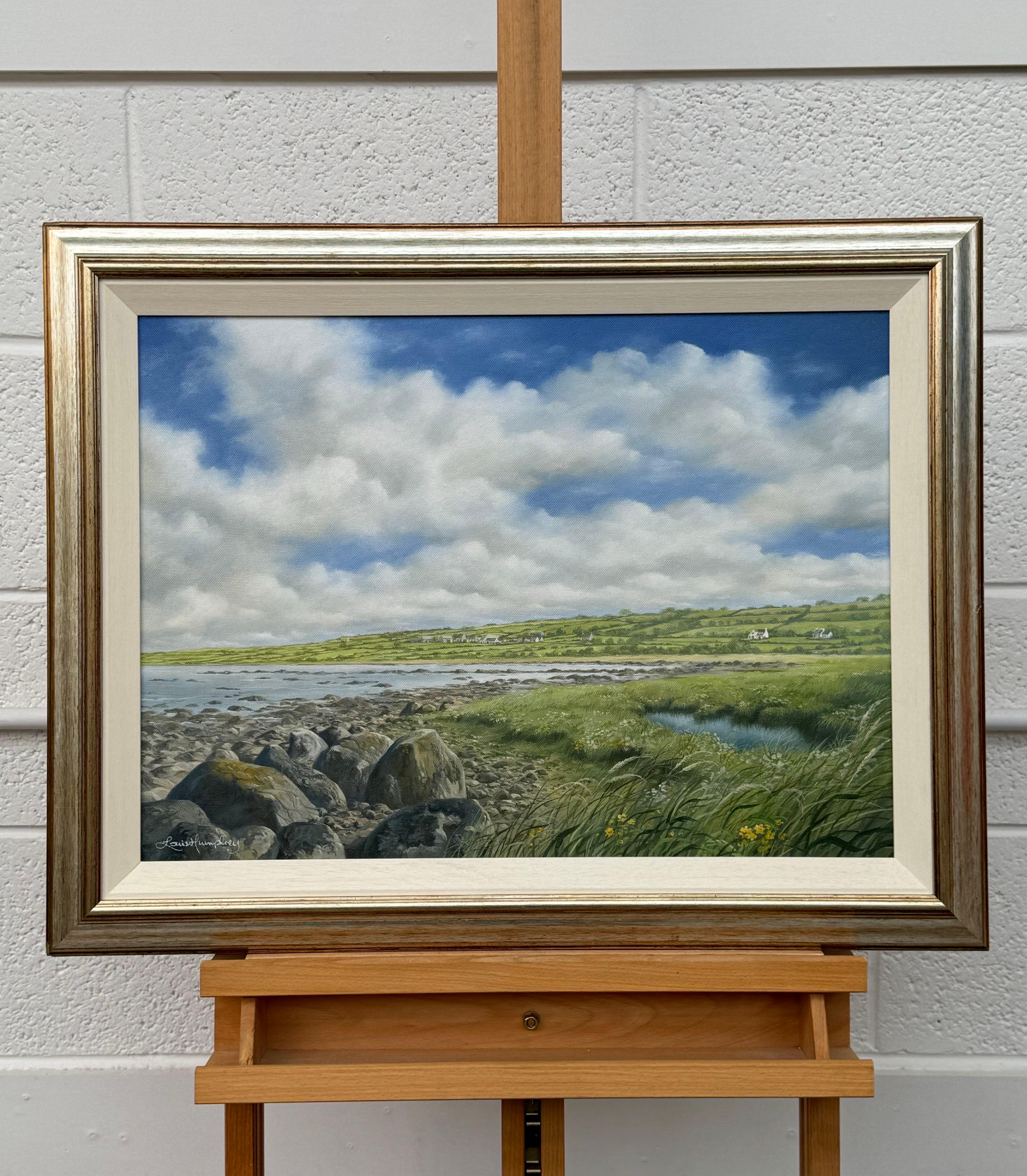 Tranquila escena costera irlandesa con campos verdes, costa rocosa y cielo extenso - Painting Realista de Louis Humphrey
