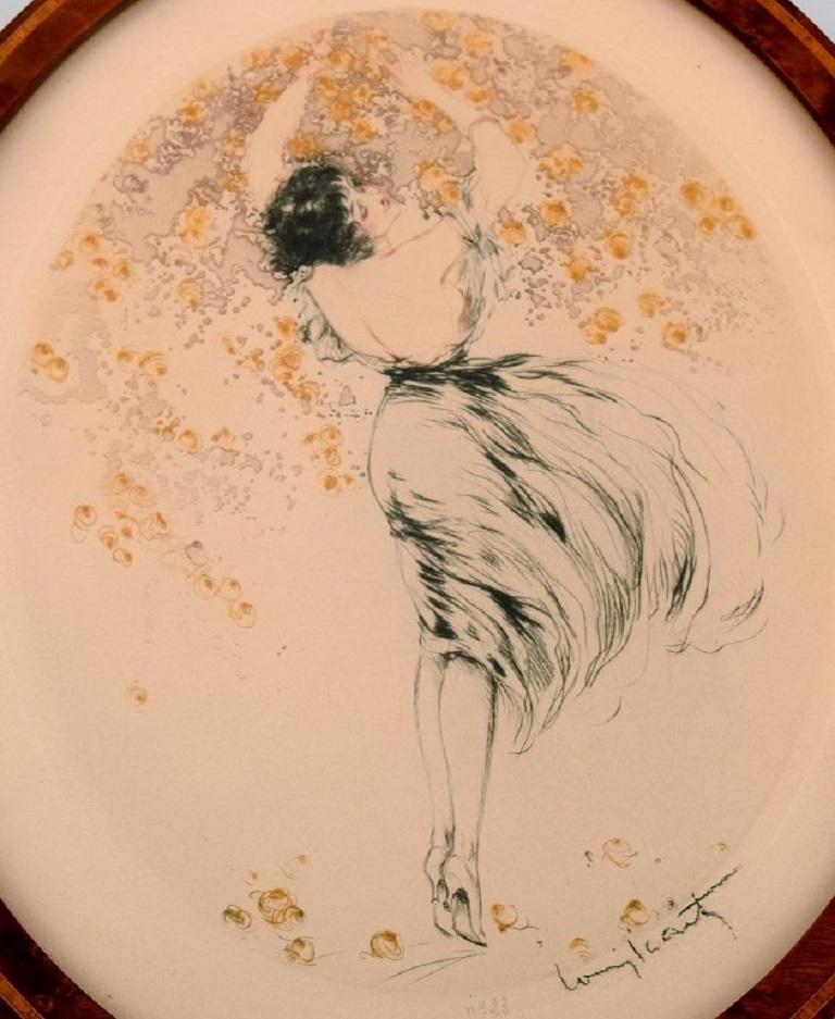 Louis Icart (1888-1950). Etching on paper. Half-naked woman picking flowers. About 1920.
Signed in pencil.
In good condition.
Visible dimensions: 24 x 19.5 cm.
Total dimensions: 29 x 23.5 cm.
The frame measures: 1.6 cm.