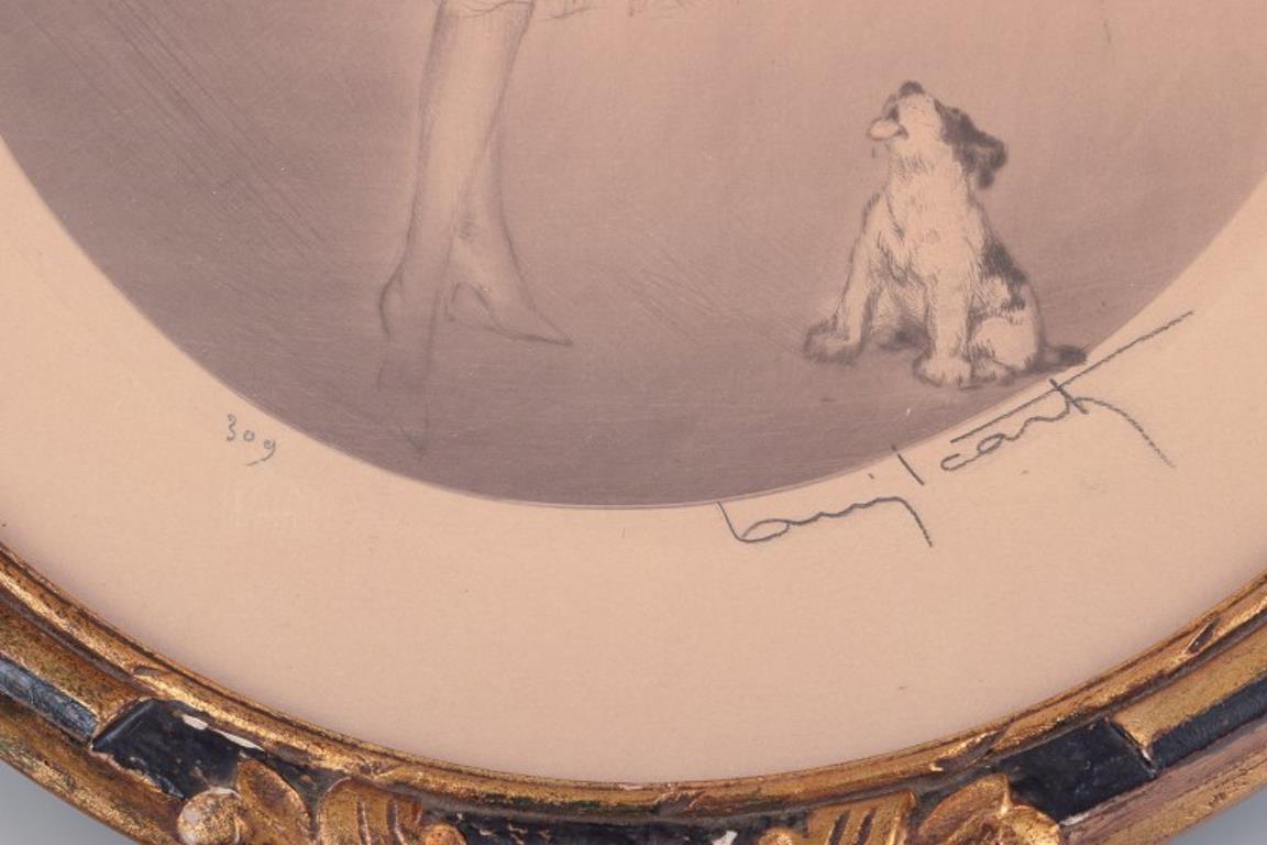 Louis Icart (1888-1950). Aguafuerte sobre papel. Señora con perro y loro. en Excelente estado para la venta en Copenhagen, DK