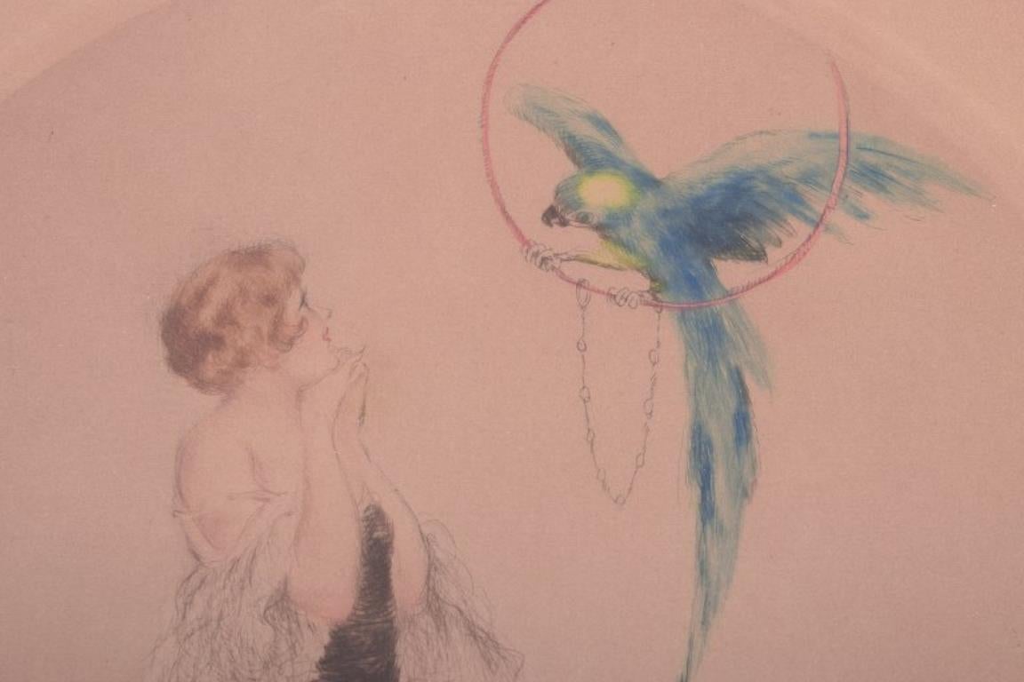 Louis Icart (1888-1950). Aguafuerte sobre papel. Señora con perro y loro. en venta 1