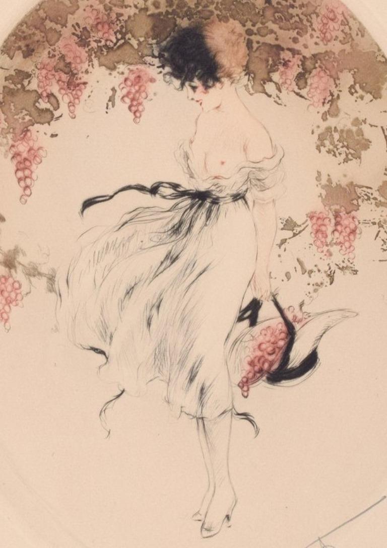 Louis Icart (1888-1950). Etching on paper. Semi-nude woman picking grapes. 
Ca. 1920.
Signed in pencil.
In excellent condition.
Visible dimensions: 24 x 18.5 cm.