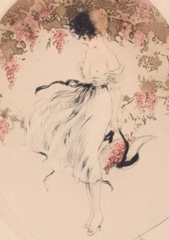 Louis Icart '1888-1950', Etching on Paper, Semi-Nude Woman Picking Grapes