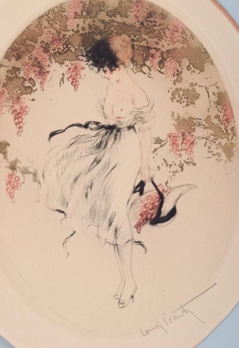 French Louis Icart '1888-1950', Etching on Paper, Semi-Nude Woman Picking Grapes For Sale