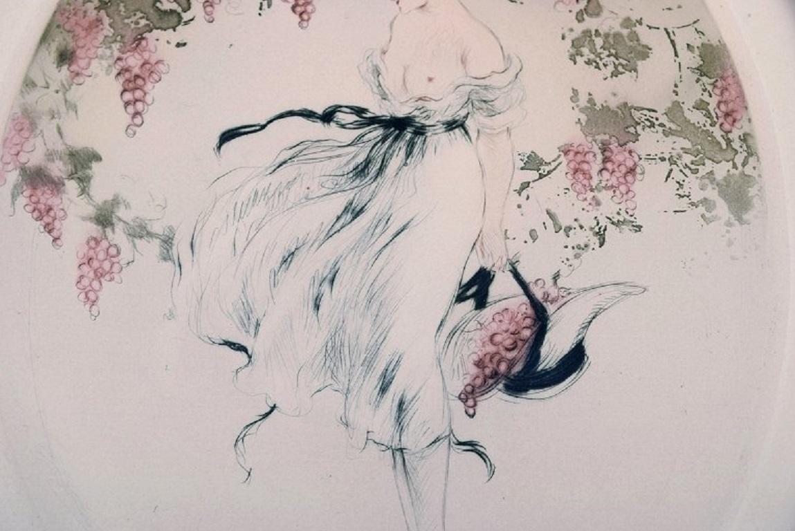 French Louis Icart, Etching on Paper, Semi-Nude Woman Picking Grapes For Sale