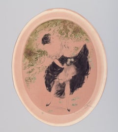 Louis Icart Aguafuerte sobre papel, Mujer semidesnuda recogiendo manzanas