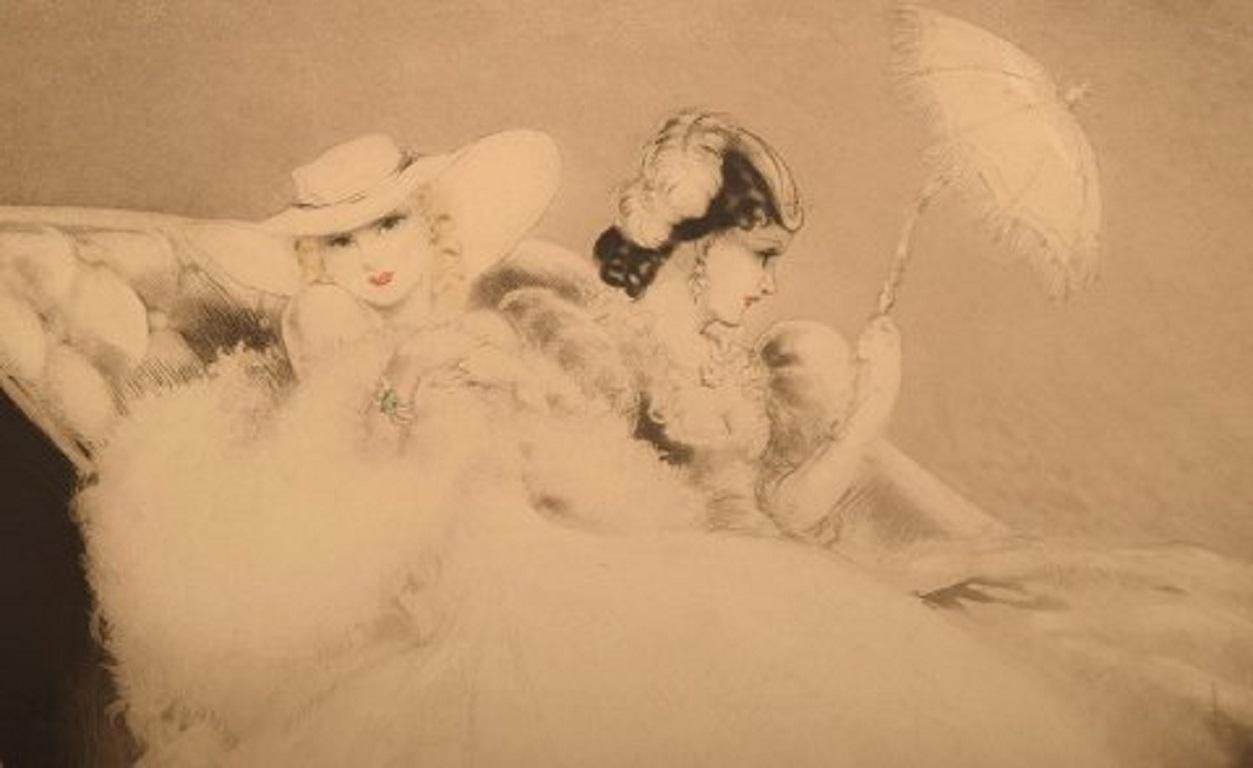 Louis Icart '1888-1950' Aguafuerte sobre papel, Dos mujeres jóvenes, ca 1920 Art Decó en venta