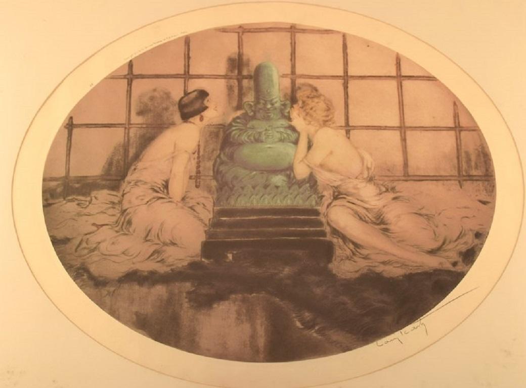 Louis Icart (1888-1950). Etching on paper. Women and buddha, 1920s-1930s.
Signed with pencil.
In very good condition.
Measures: 52 x 41 cm.
The frame measures: 3.5 cm.