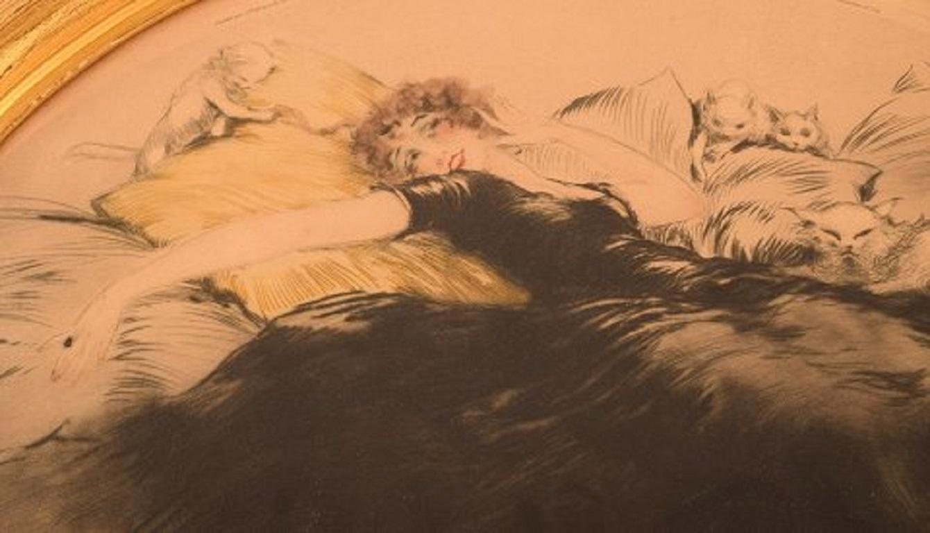 Louis Icart (1888-1950). Etching on paper. Young woman lying on a bed with cats, circa 1920.
Signed with pencil.
In very good condition.
Measures: 38 x 38 cm.
The frame measures: 5.5 cm.