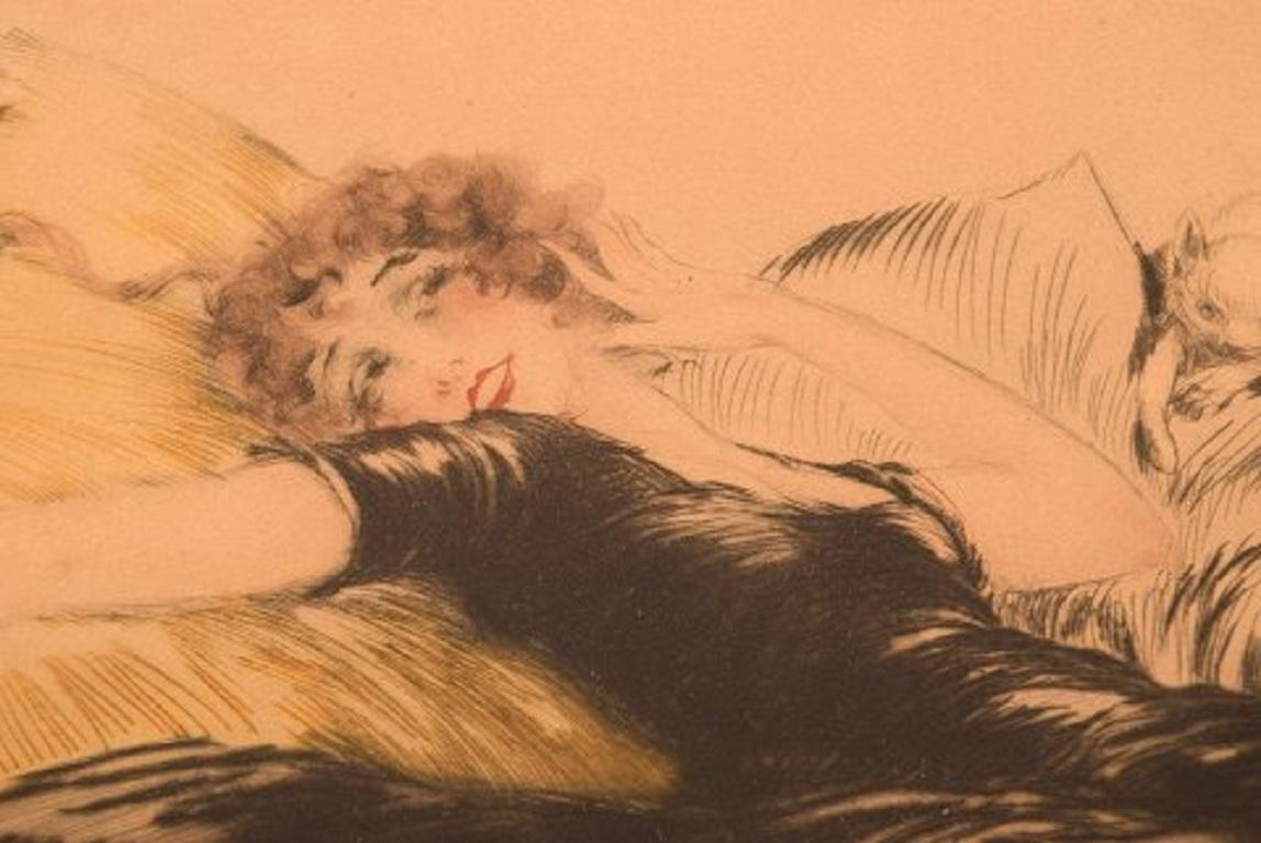 French Louis Icart, Etching on Paper, Young Woman Lying on Bed with Cats