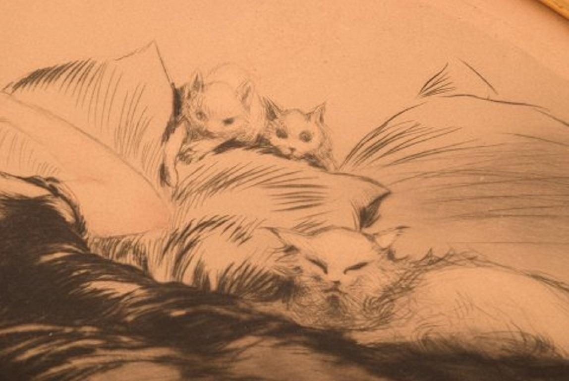 Louis Icart, Etching on Paper, Young Woman Lying on Bed with Cats In Good Condition In Copenhagen, DK