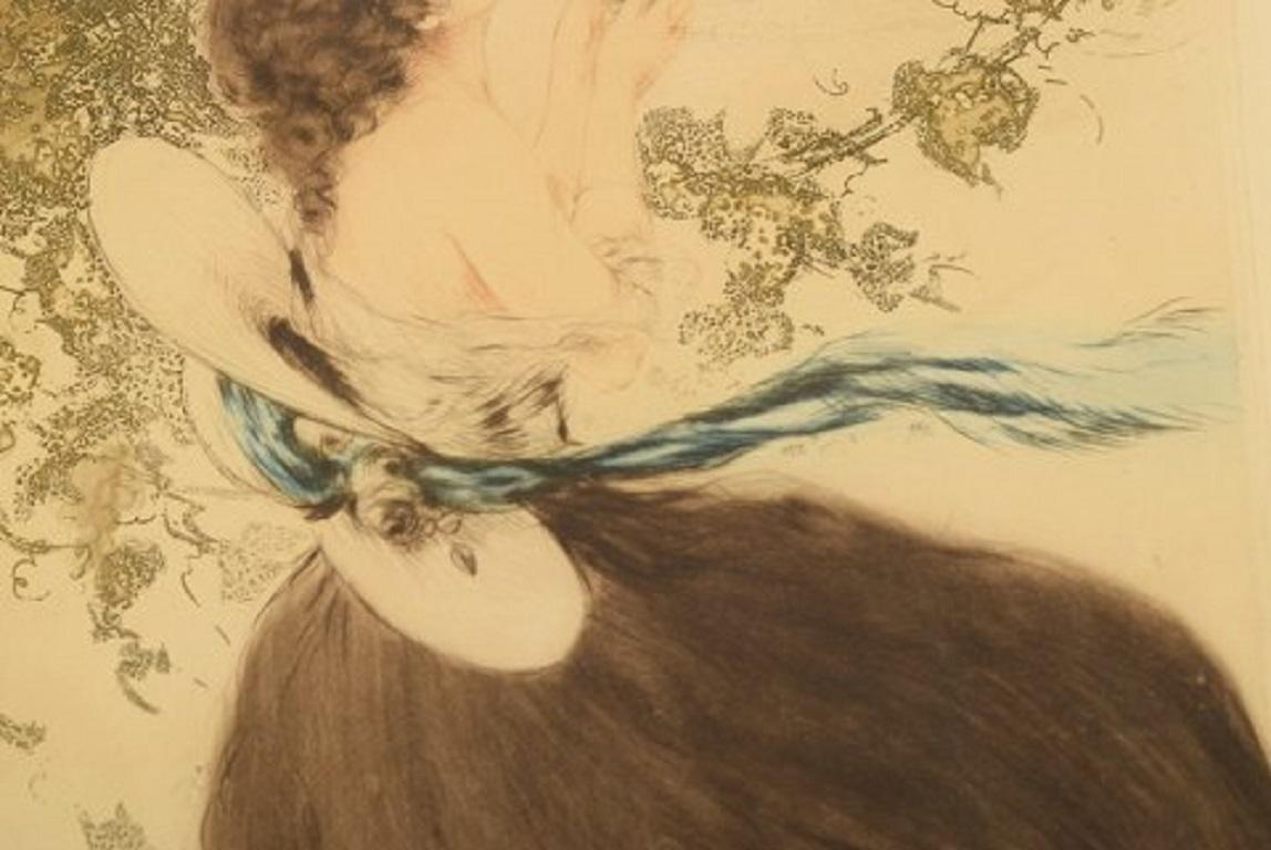 Louis Icart, Etching on Paper, Young Woman Picking Grapes, circa 1920 In Good Condition In Copenhagen, DK