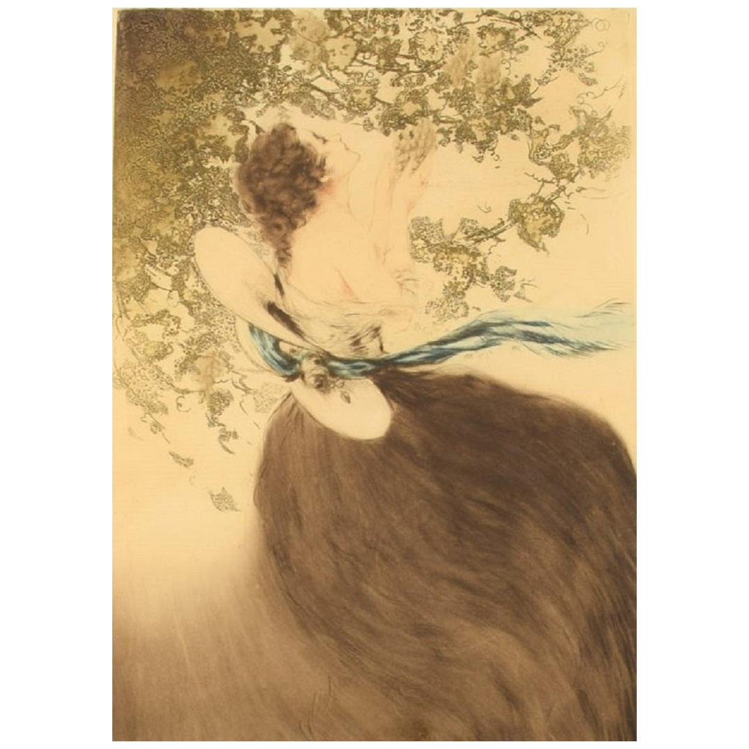 Louis Icart, Etching on Paper, Young Woman Picking Grapes, circa 1920