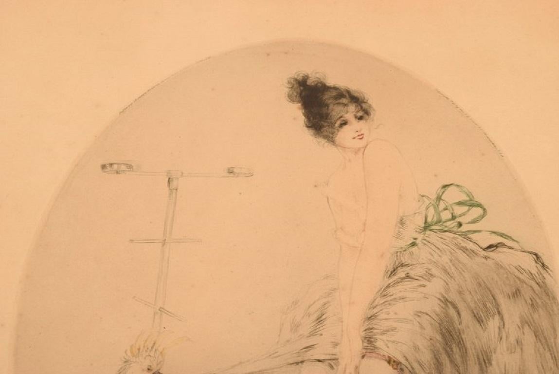 Art Deco Louis Icart, Etching on Paper, Young Woman with Cockatoo, 1930s For Sale