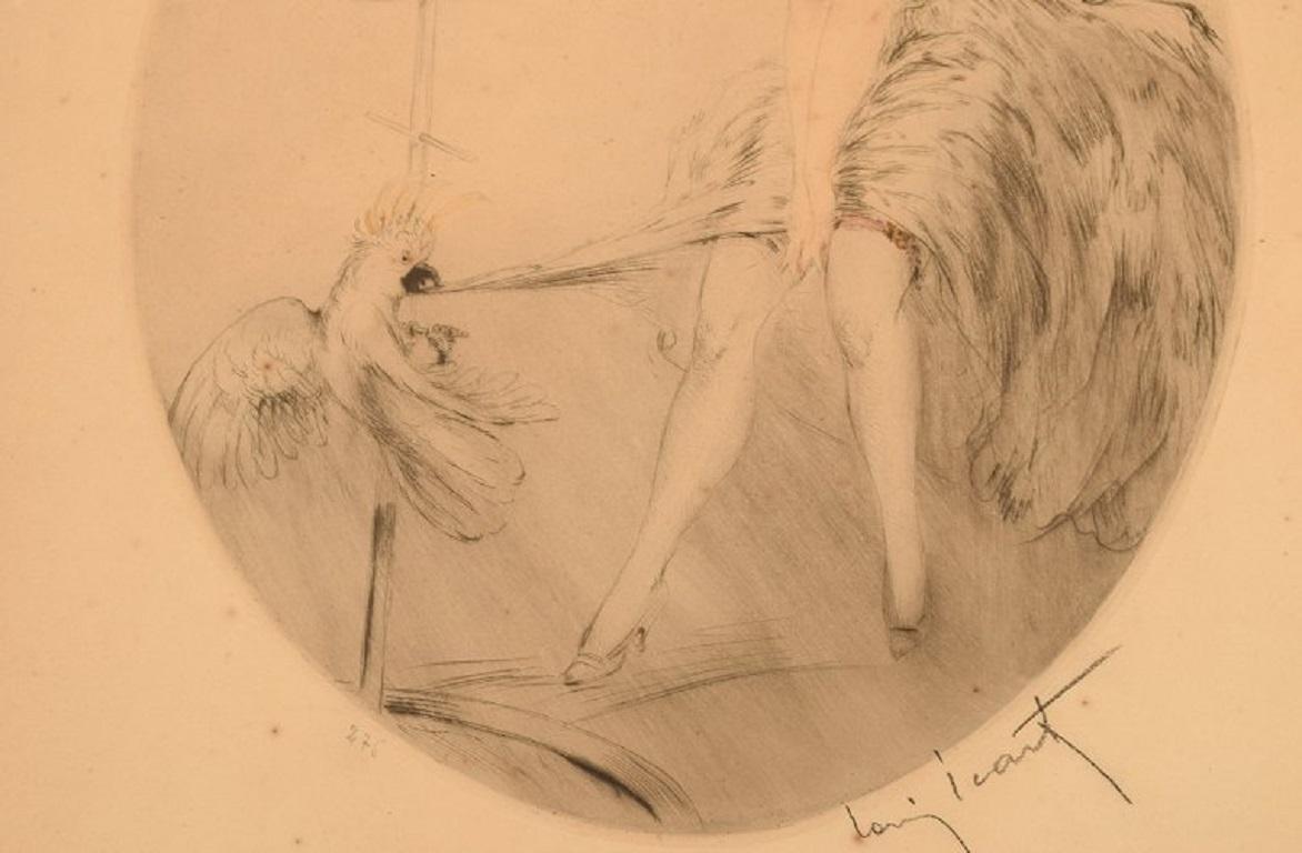 French Louis Icart, Etching on Paper, Young Woman with Cockatoo, 1930s For Sale