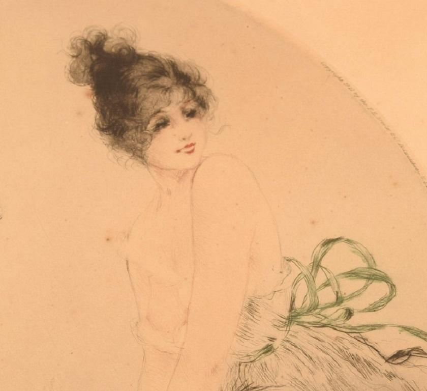 Louis Icart, Etching on Paper, Young Woman with Cockatoo, 1930s In Excellent Condition For Sale In Copenhagen, DK