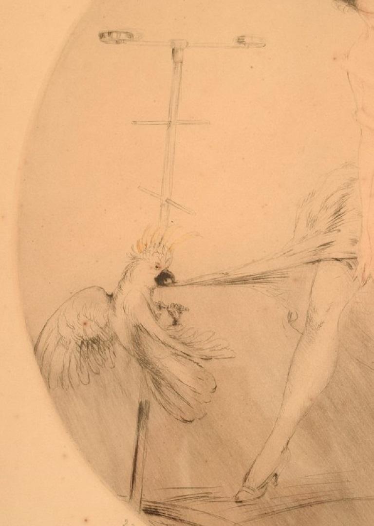 Mid-20th Century Louis Icart, Etching on Paper, Young Woman with Cockatoo, 1930s For Sale