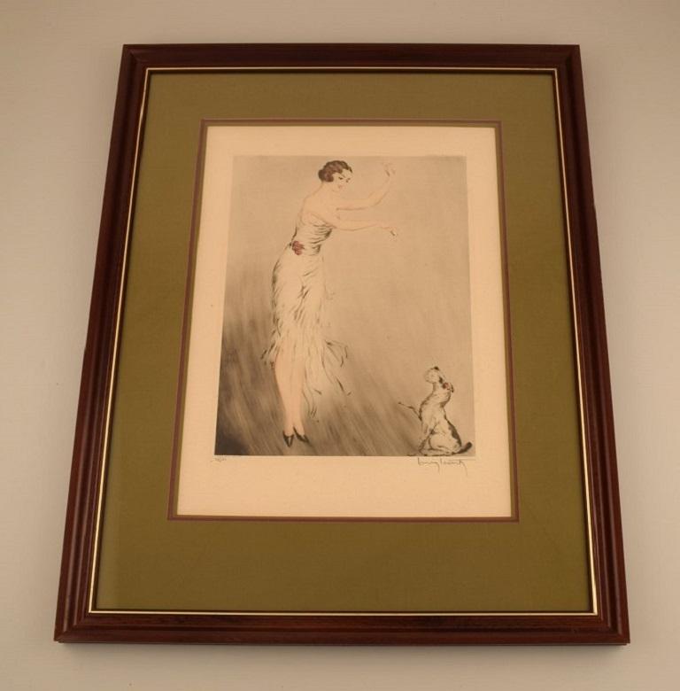 Louis Icart (1888-1950). Rare etching on paper. Woman and dog. 1930s.
Visible dimensions: 37.5 x 28 cm.
Total dimensions: 48 x 35 cm.
Incl. passepartout: 66 x 51 cm.
The frame measures: 3.5 cm.
In excellent condition.
Signed and numbered in