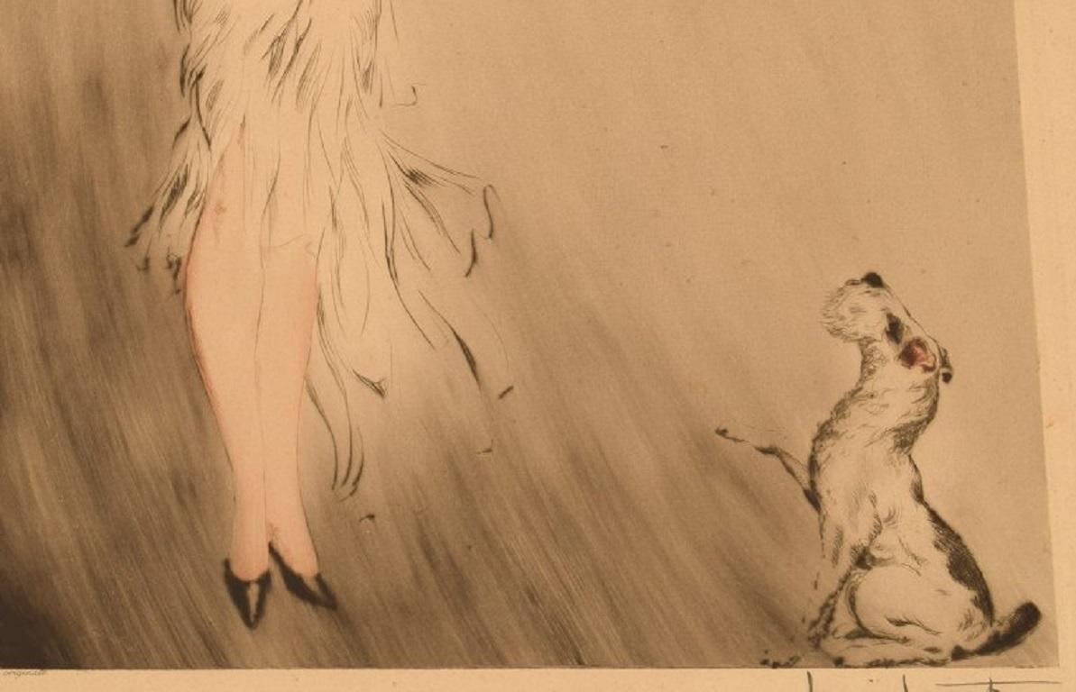 Art Deco Louis Icart Rare Etching on Paper, Woman and Dog, 1930s