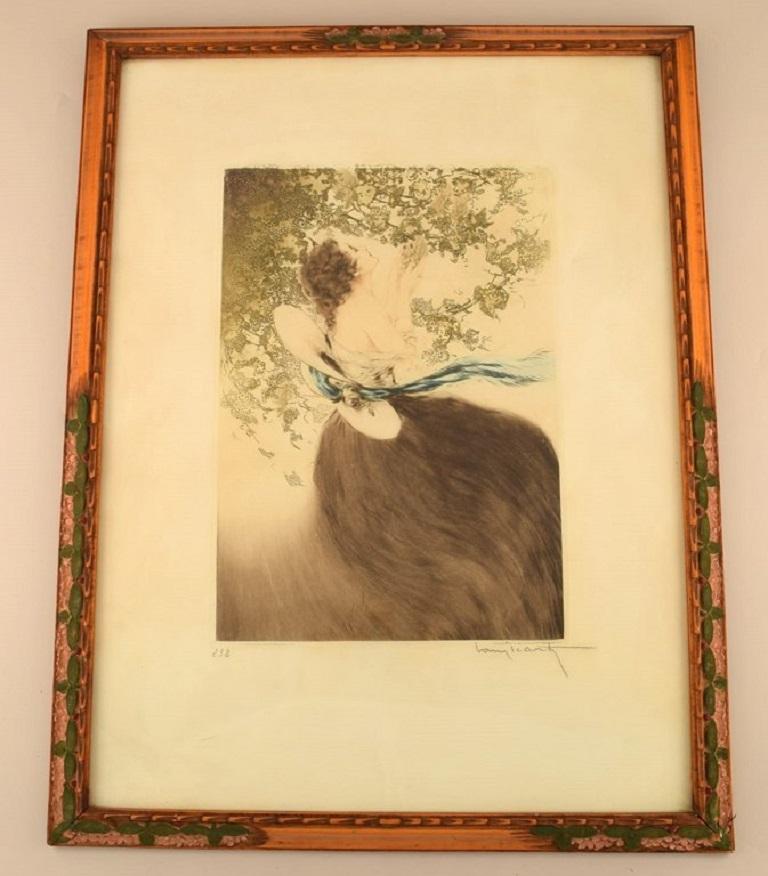 Louis Icart (1888-1950). Jeune femme cueillant des raisins. Numéro 232. Ca 1920.
Gravure sur papier dans un magnifique cadre Art nouveau sculpté à la main. 
Signé au crayon.
En très bon état.
Mesures : 62 x 47 cm.
Le cadre mesure : 3.5 cm.