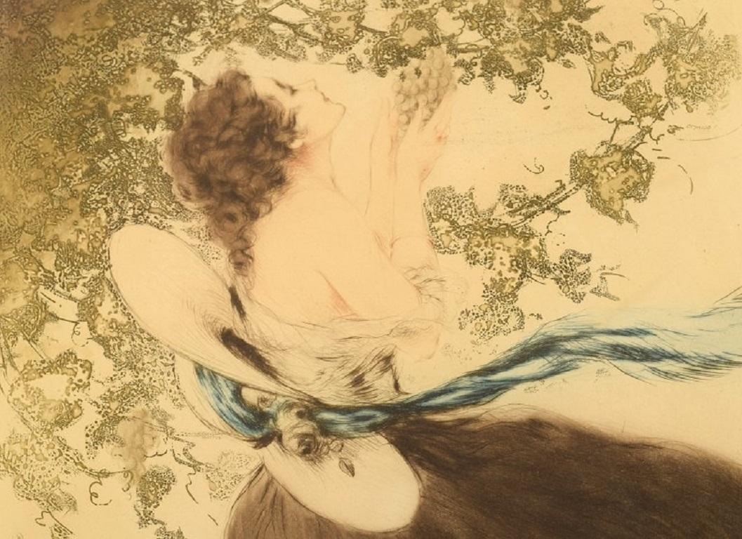 Art déco Louis Icart « 1888-1950 », Jeune femme cueillent des raisins, eau-forte/papier, vers 1920 en vente