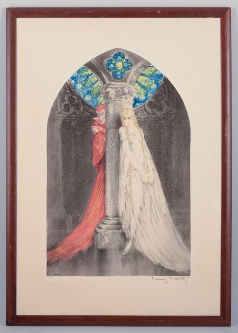 Louis Icart (1888-1950). Art Deco color lithograph on Japanese paper.
Romantic composition featuring Faust with a young girl, in a church architecture.
1928
After the work of Goethe.
In a good condition with a few moisture stains.
Numbered in pencil