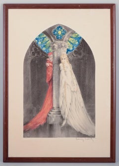 Louis Icart. Art Deco color lithograph. Faust with a young girl.