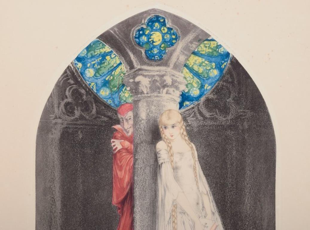 French Louis Icart. Art Deco color lithograph. Faust with a young girl. For Sale