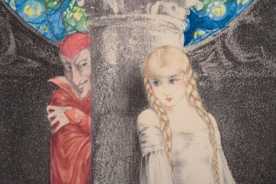 Louis Icart. Art Deco color lithograph. Faust with a young girl. In Good Condition For Sale In Copenhagen, DK