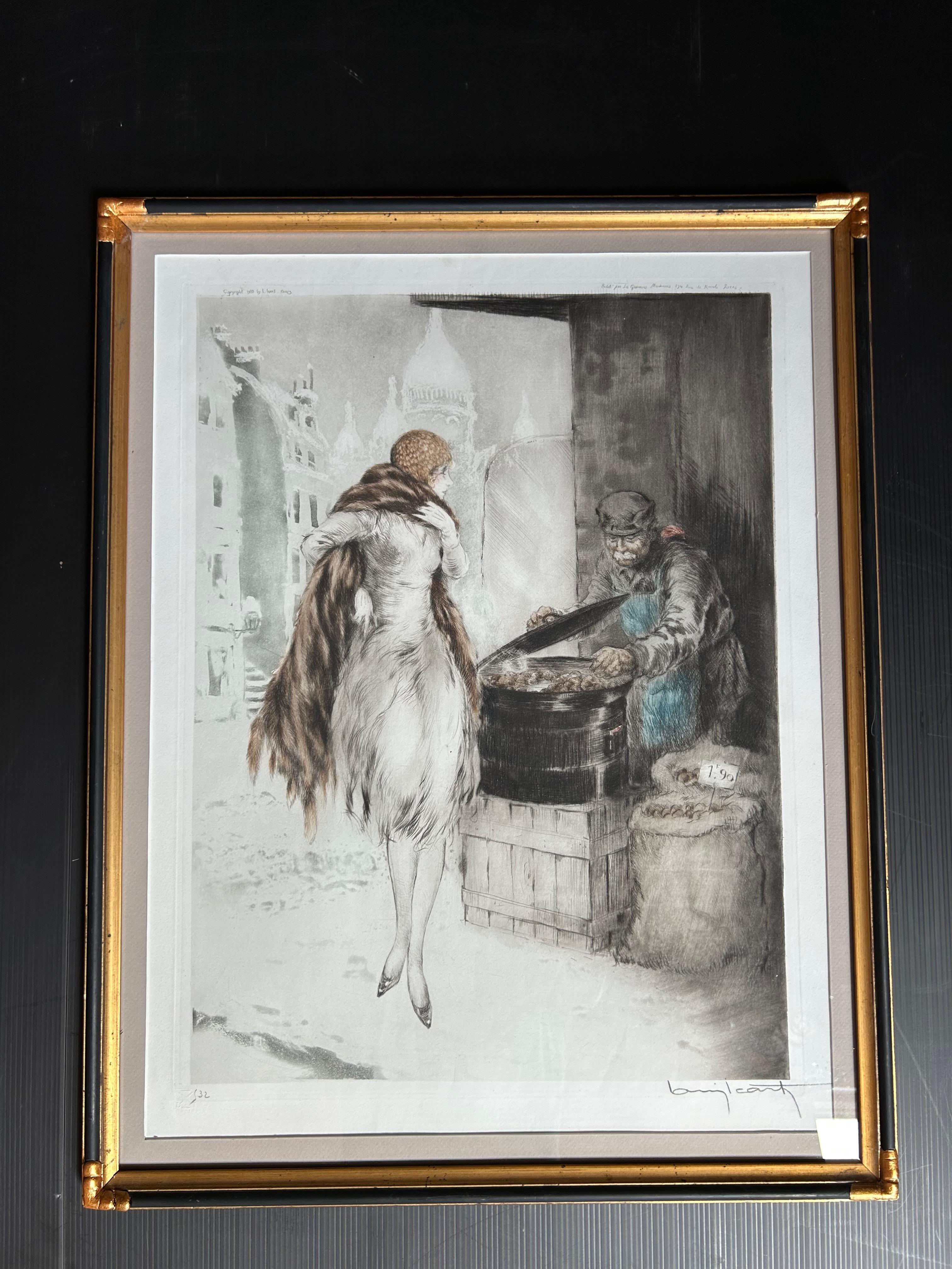 Louis Icart Art Deco Gravur Kastanienholz Kaufmann (Art déco) im Angebot