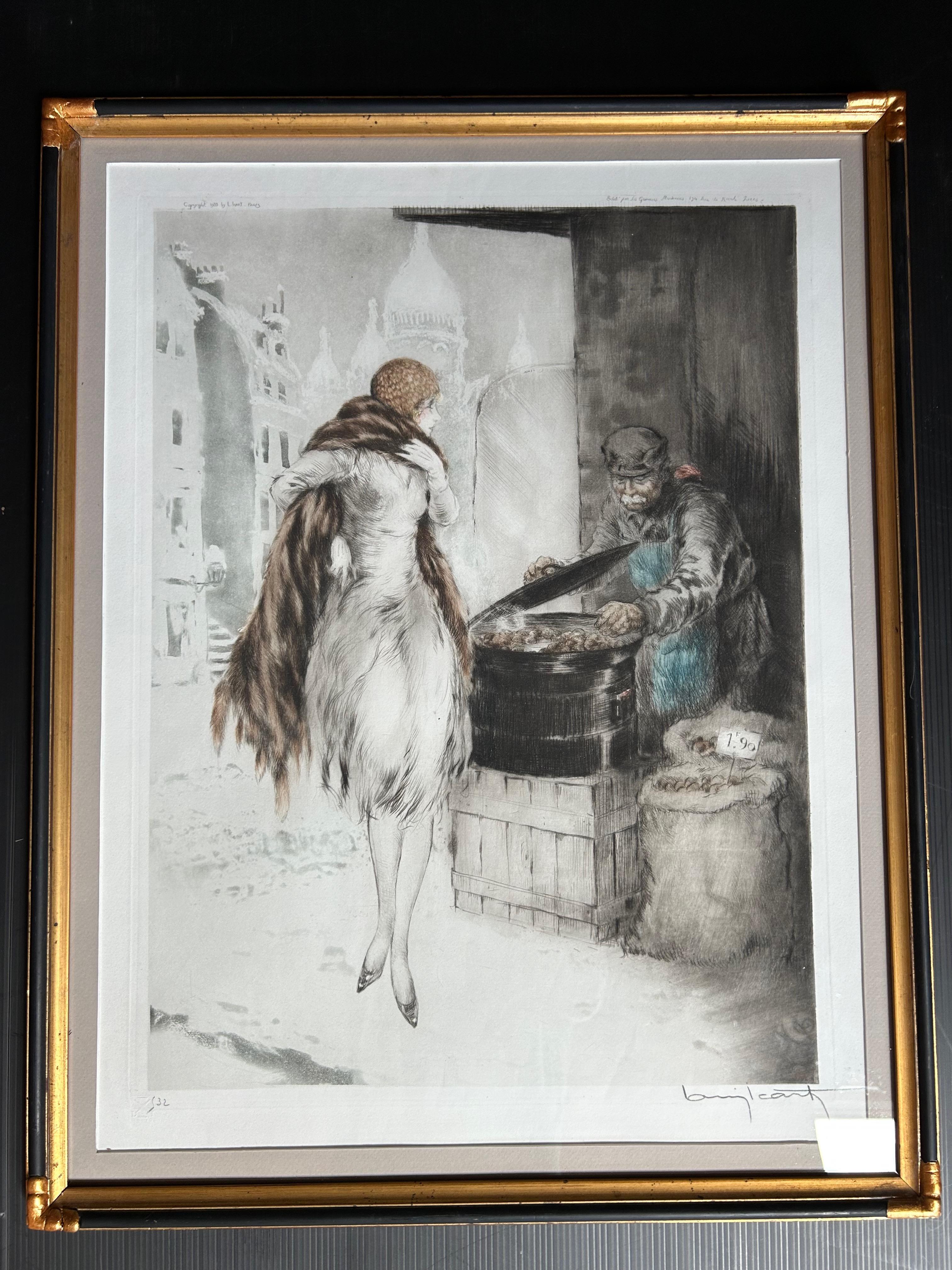Louis Icart Art Deco Gravur Kastanienholz Kaufmann (Französisch) im Angebot
