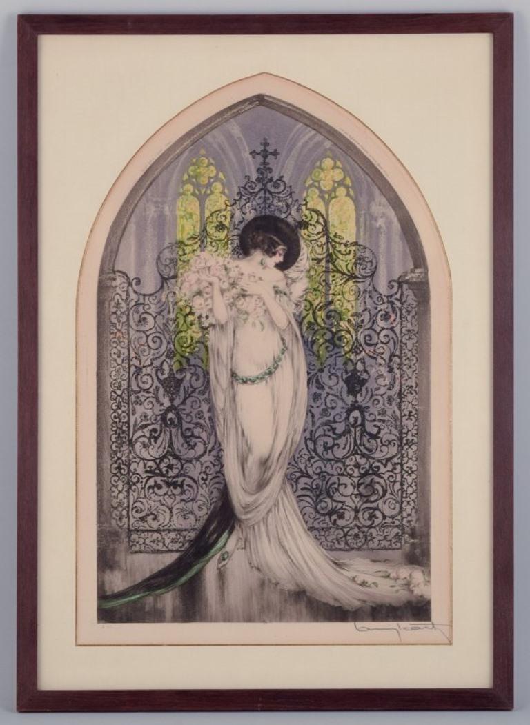 Louis Icart (1888-1950). Color lithograph on Japanese paper. 
Elegant woman with a bouquet of roses in a church.
1928.
Numbered in pencil A23 and stamped.
Signed in pencil.
Matted with a gold border.
In excellent condition.
Dimensions: H 56.0 cm x