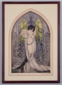 Louis Icart. Color lithograph on Japanese paper. Elegant woman in a church.