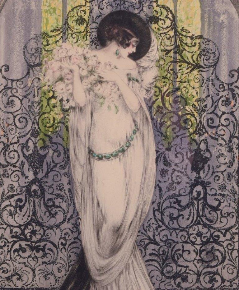 Français Louis Icart. Lithographie en couleur sur papier japonais. Femme élégante dans une église en vente