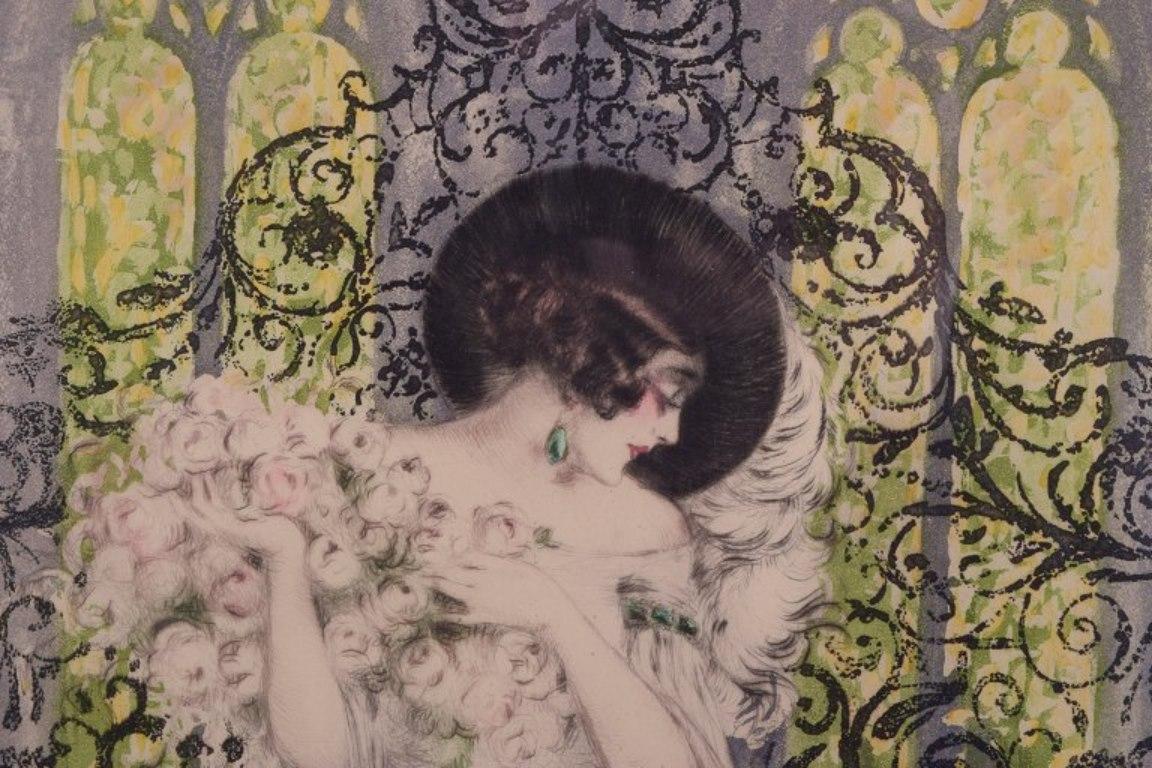 Louis Icart. Lithographie en couleur sur papier japonais. Femme élégante dans une église Excellent état - En vente à København, Copenhagen