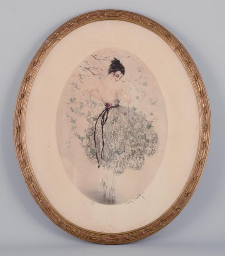 Louis Icart (1888-1950).
Color lithograph on Japanese paper. 
Elegant woman surrounded by butterflies.
1920.
Numbered in pencil 192 and blind-stamped.
Signed in pencil.
In excellent condition with a few brown spots.
Hand-gilded gold frame with some
