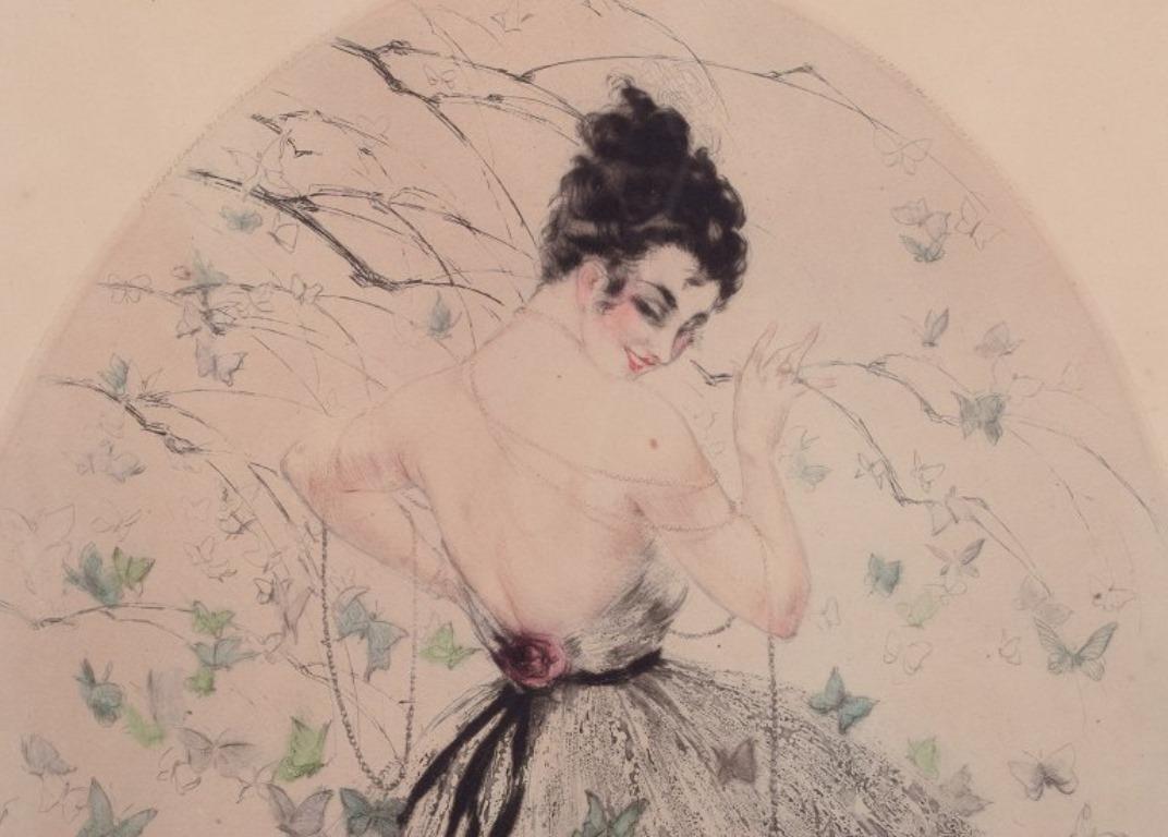 Art Deco Louis Icart. Color lithograph on Japanese paper.  Woman with  butterflies For Sale