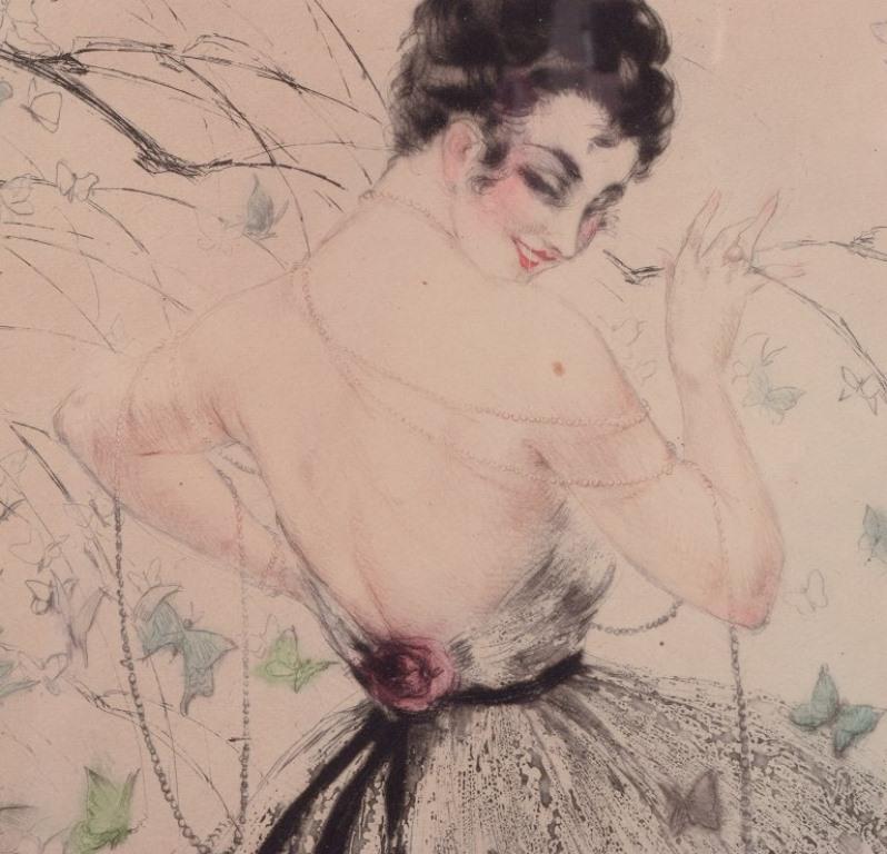 French Louis Icart. Color lithograph on Japanese paper.  Woman with  butterflies For Sale