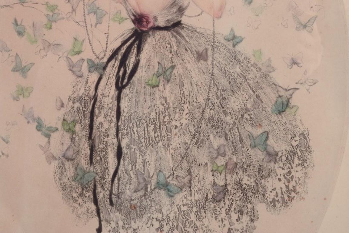 Louis Icart. Color lithograph on Japanese paper.  Woman with  butterflies In Excellent Condition For Sale In Copenhagen, DK
