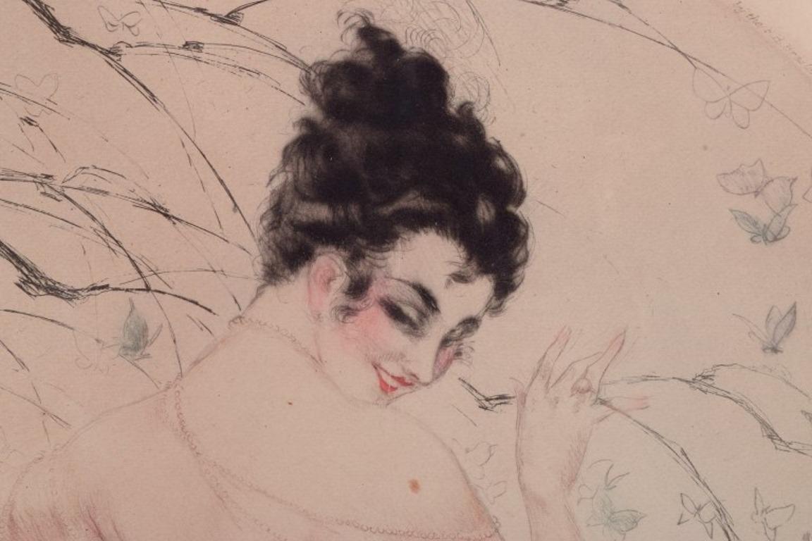Louis Icart. Color lithograph on Japanese paper.  Woman with  butterflies For Sale 1