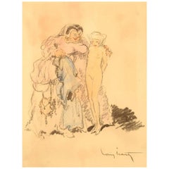 Vintage Louis Icart, Colored Pencil Drawing on Paper, 1930s-1940s