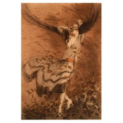 Antique Louis Icart, Etching on Paper, "Autumn Swirls", Dated 1924