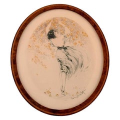 Antique Louis Icart, Etching on Paper, Half-Naked Woman Picking Flowers