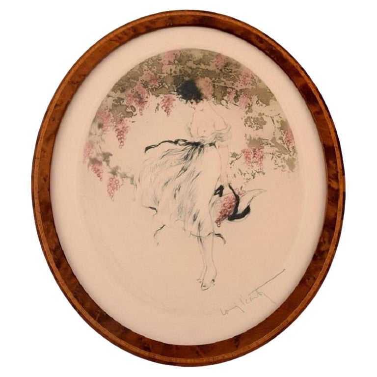 Halbaktige Frau, die Trauben pflücken, Louis Icart, Radierung auf Papier