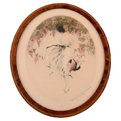 Louis Icart, eau-forte sur papier, femme semi-nue cueillant des raisins