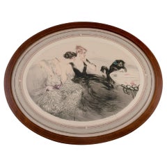 Louis Icart, Etching on Paper, Two Young Women with Cat, Ca. 1920 Louis Icart, Etching on Paper, Two Young Women with Cat, Ca. 1920