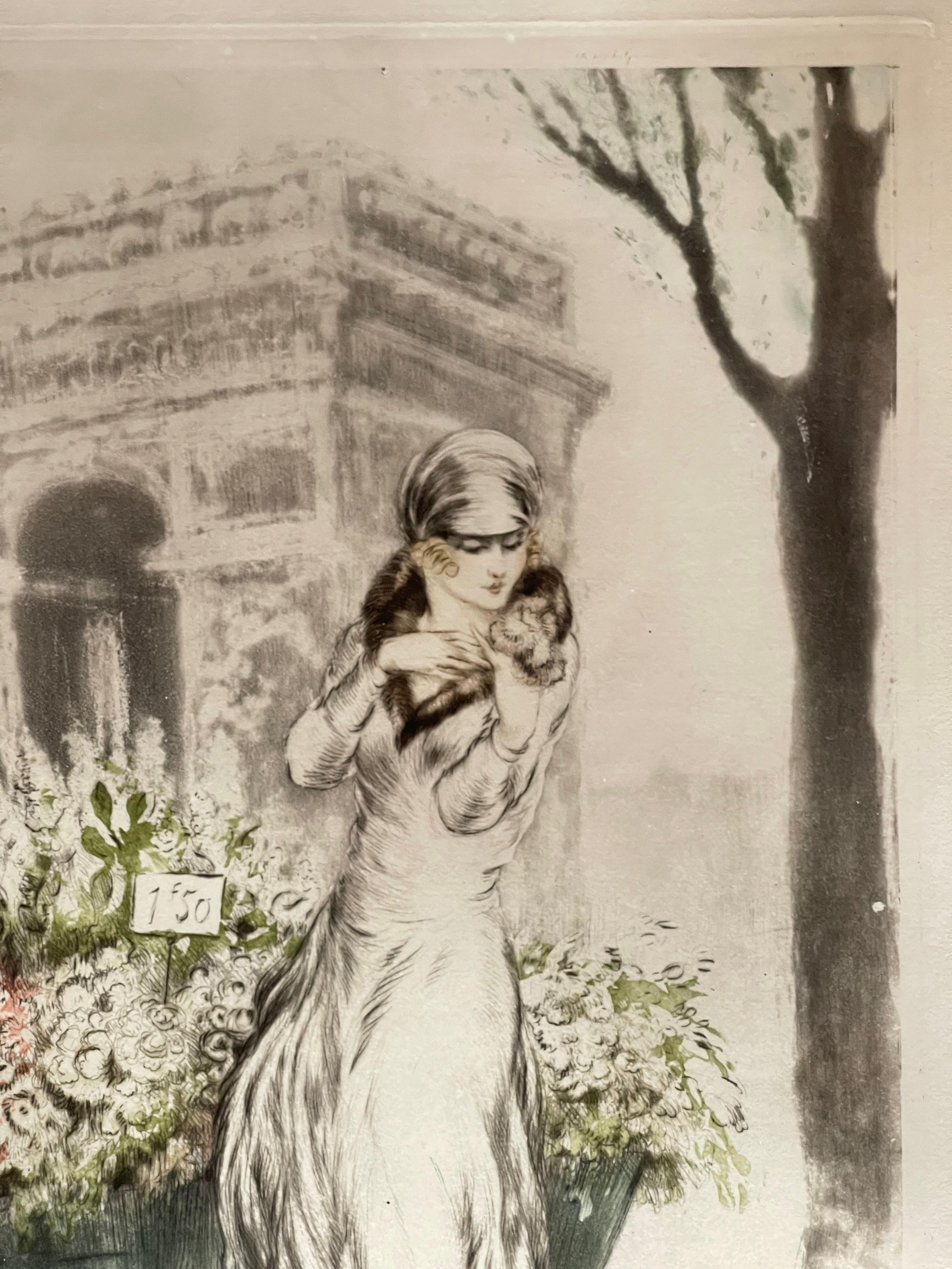 Papier Louis Icart, « Flower Seller », gravure à l'eau-forte signée à la main