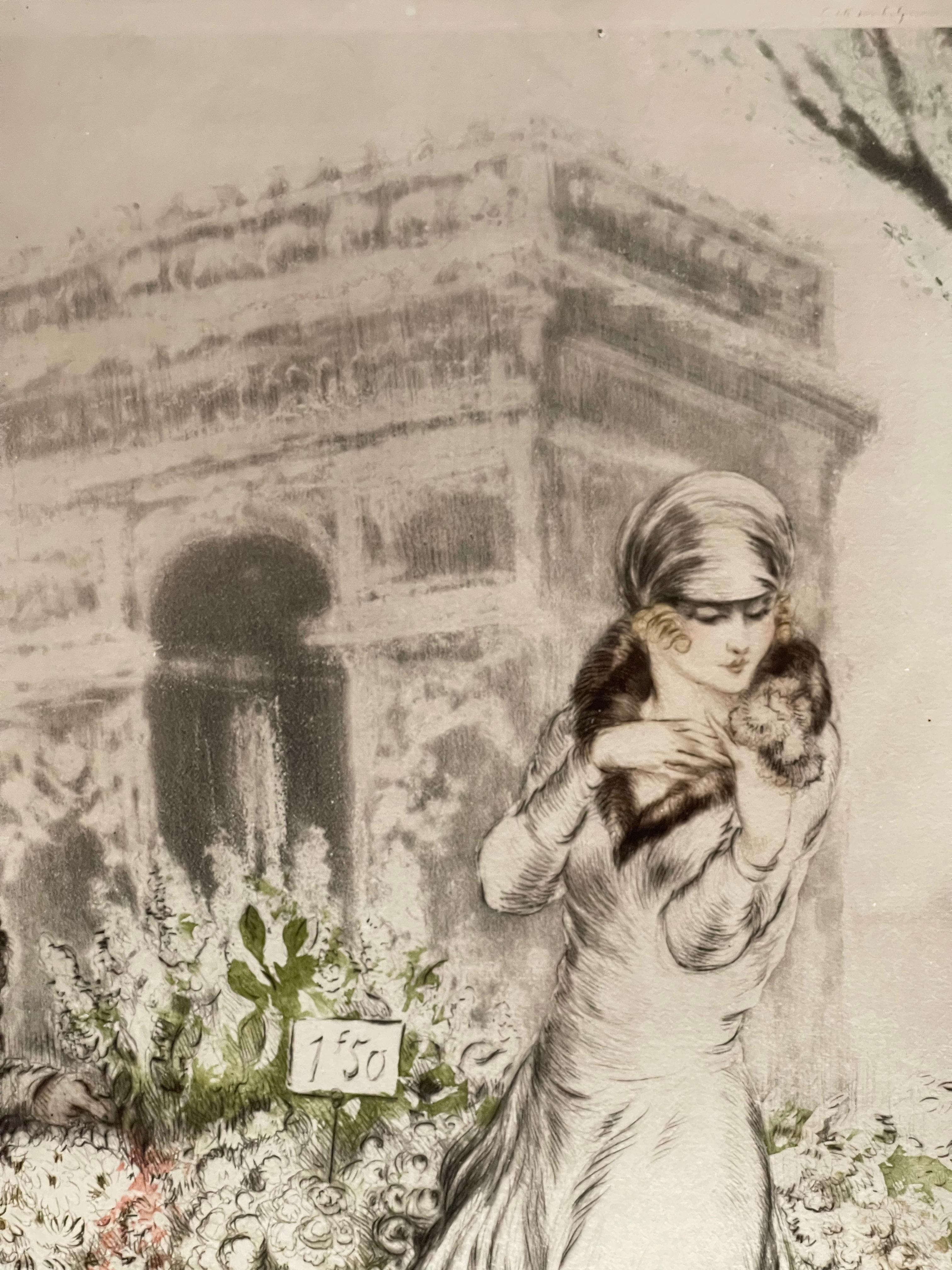 Louis Icart, « Flower Seller », gravure à l'eau-forte signée à la main Bon état à NANTES, FR