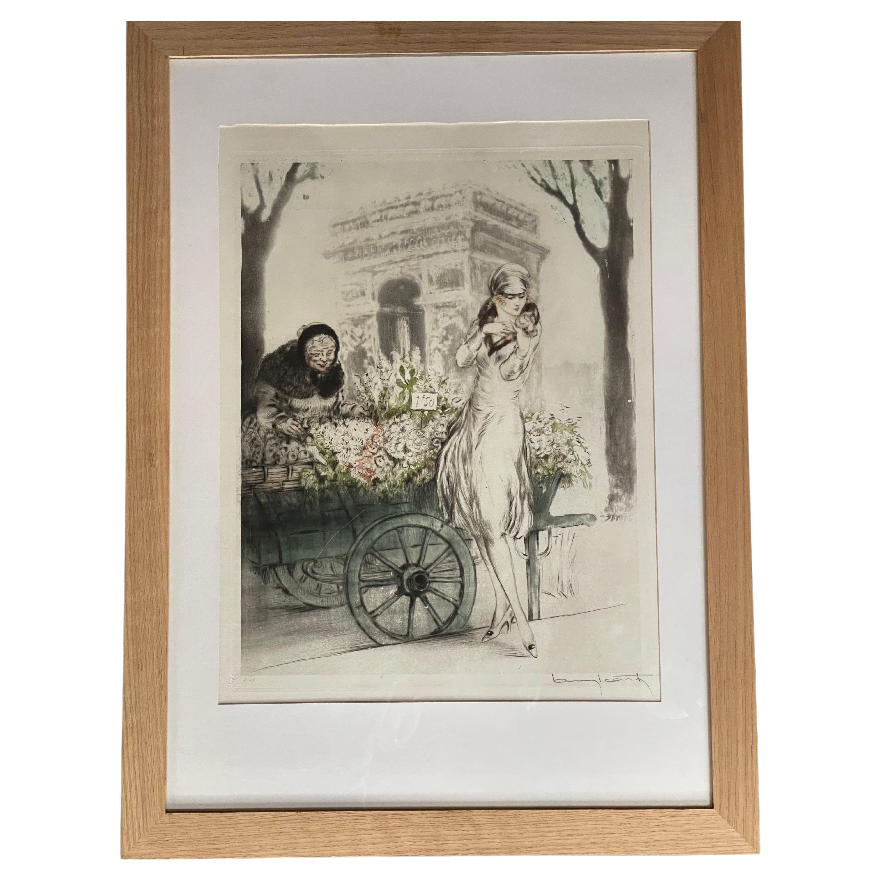 Louis Icart, "Flower Seller", Hand Signed Etching with Watercolor