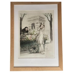 Antique Louis Icart, "Flower Seller", Hand Signed Etching with Watercolor